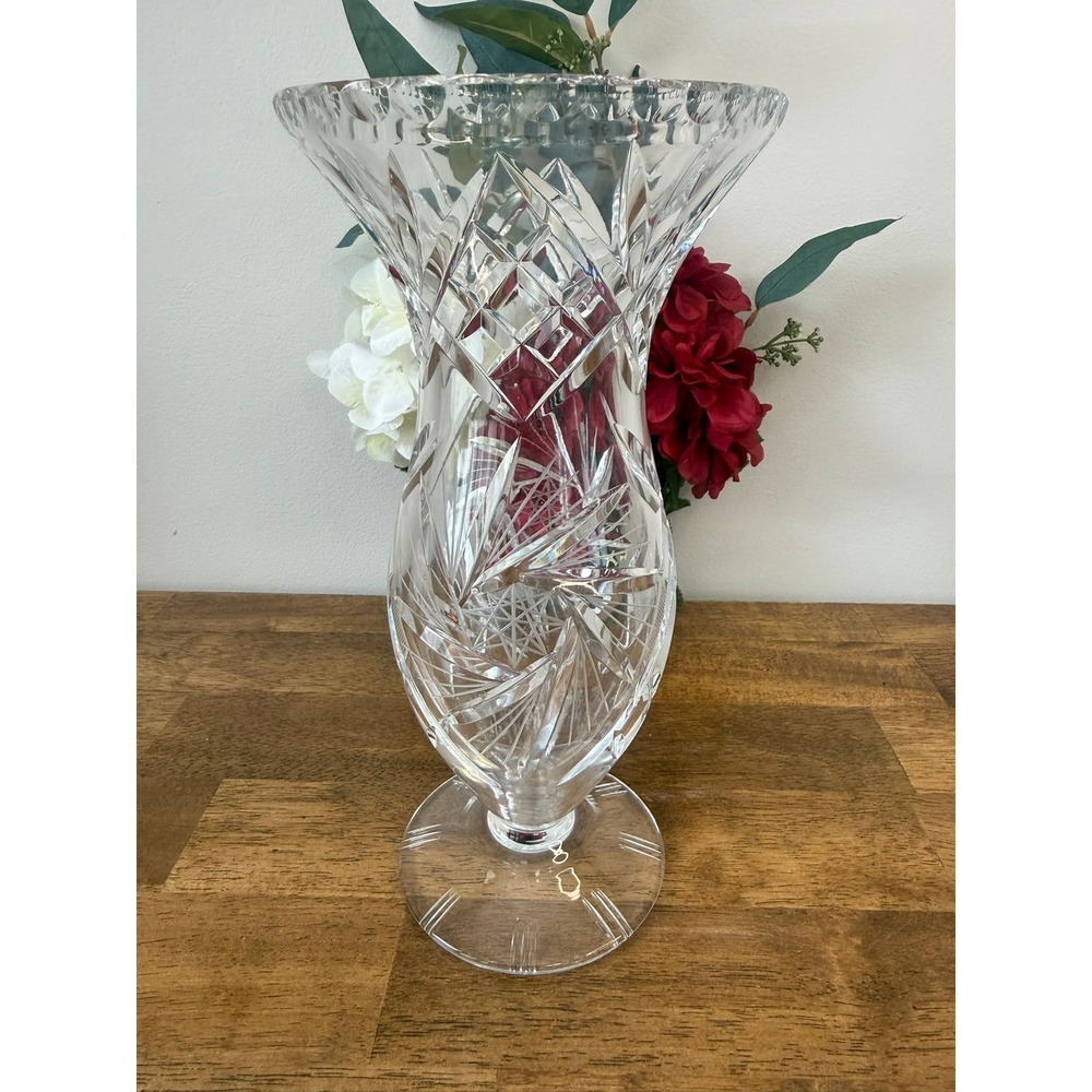Vintage‎ Large Cut Crystal Vase Pedestal Heavy Pinwheel Starburst Centrepiece